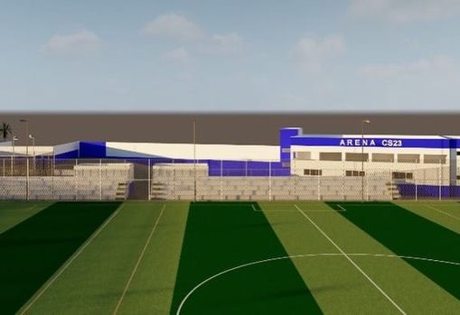 Perspectiva do projeto do campo oficial com arquibancada